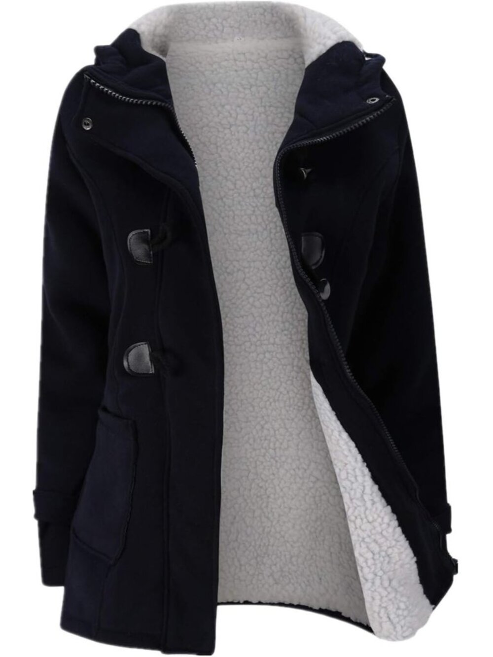 Women Dark-blue Spread Collar Horn Button Fleece Zip Front Pockets Military Coat